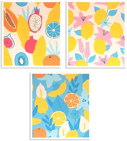 6 - Pack Swedish Kitchen Dish Cloths - Reusable Paper Towels for Counters & Dishes - Eco Friendly Cellulose Sponge Cloth (Fruit Plants)