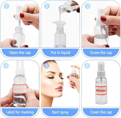 Mini Spray Bottles, 2oz/50ml Small Spray Bottle, Plastic Travel Spray Bottle for Liquids, Refillable Hand Spritzer Bottles for Liquids, Clear Alcohol Spray Bottles with Small Funnel and Bottle Labels