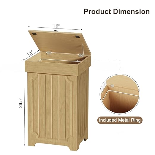 Povrgive Wood Trash Can Cabinet, 13 Gallon Hidden Kitchen Garbage Can with Lid, Farmhouse Dog Proof Trash Can, Metal Ring Included, 16" L x 13" W x 26.5" H, Wood