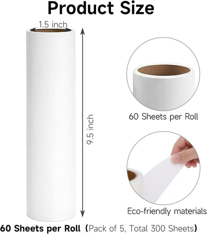 5 Pack 9.5 Inch Lint Roller Refills, 60 Sheets Per Roll - 300 Total Sheets | Sticky Adhesive Lint & Pet Hair Remover for Clothes, Furniture, Car Seats & Bedding (5, 9.5 Inch)