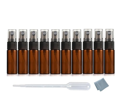 Elfenstall- 10pcs Amber 5ml 1/6oz Atomizer Vial Glass bottle Spray Refillable Perfume Empty Fine Mist Sample Bottle Clean Cloth Free 3ML Pipette for Travel Party