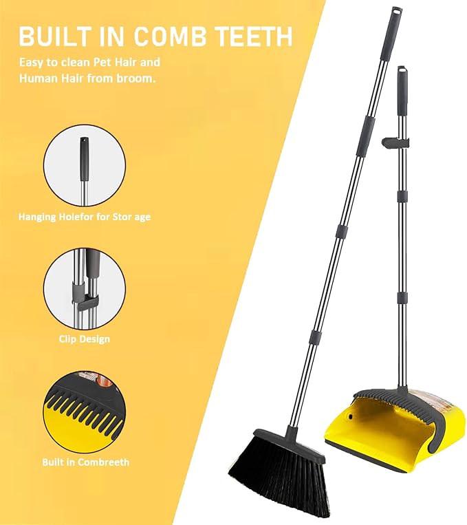 2-Pack is More economical,Brooms with Dustpan Combo Set， with 52" Long Handle, Dustpan Teeth with self-Cleaning Function, Indoor and Outdoor Sweeping, Perfect for Home Office(Large/Yellow /2-Pack)