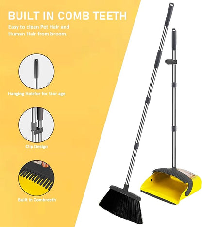 2-Pack is More economical,Brooms with Dustpan Combo Set， with 52" Long Handle, Dustpan Teeth with self-Cleaning Function, Indoor and Outdoor Sweeping, Perfect for Home Office(Large/Yellow /2-Pack)