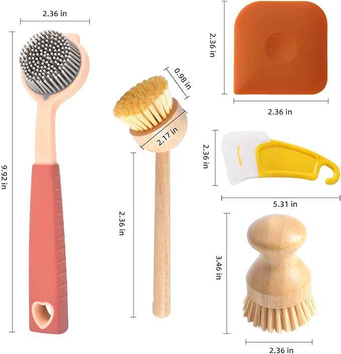 5 in 1 Dish Brush Set with Scraper, Kitchen Scrub Brush for Cleaning, Include Soft and Hard Bristle Scrub Brush, Vegetable Brush, Hard and Soft Scrapers, Suitable for Scrubbing Pots, and Bowls (5)