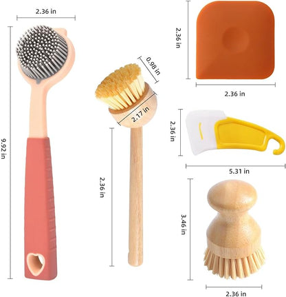 5 in 1 Dish Brush Set with Scraper, Kitchen Scrub Brush for Cleaning, Include Soft and Hard Bristle Scrub Brush, Vegetable Brush, Hard and Soft Scrapers, Suitable for Scrubbing Pots, and Bowls (5)