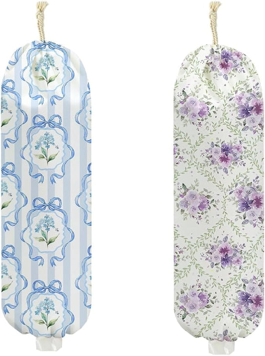 2Pcs Flower Plastic Bag Holder 22.5x9 Inch, Wall Mount Grocery Bag Holder for Plastic Bags, Bow Washable Grocery Bags Storage Dispenser for Home Kitchen Decor, Purple Flower Gifts for Women Mom