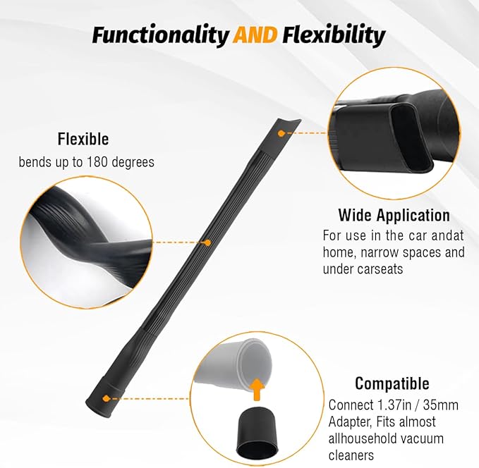 Universal 19" Flexible Crevice Tool & Brush Combo Vacuum Attachment for Car Detailing Dryer Lint Pet Hair, Fits 1-1/4" or 1-3/8 inch Connector Hoses Helps Clean Cobwebs on the ceiling Under Furniture