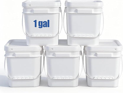 ASEVAT 5 Pcs 4 Liter (1 Gallon) Square Food Grade Bucket with Lid, White Plastic Pail with Handle for Storing Dry Food, Camping, Fishing