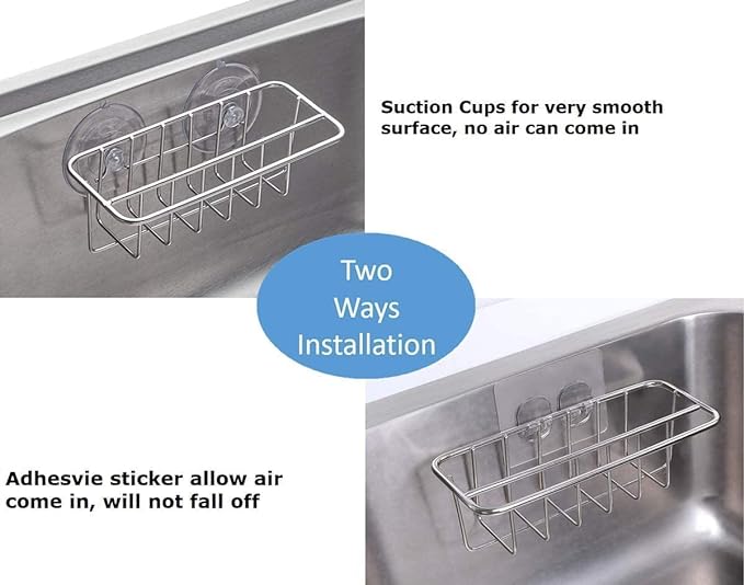 TESOT Sink Caddy Sponge Holder for Kitchen Sink Dish Cloth Hanger 2 Suspension Options(Suction Cups and Adhesive Hook), SUS304 Stainless Steel, Silver