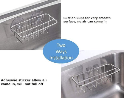 TESOT Sink Caddy Sponge Holder for Kitchen Sink Dish Cloth Hanger 2 Suspension Options(Suction Cups and Adhesive Hook), SUS304 Stainless Steel, Silver