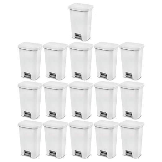 Sterilite 11.9 Gallon Rectangular Step On Kitchen Plastic Indoor Wastebasket with Wide Opening Lid and Comfort Handle for Home, White (16 Pack)
