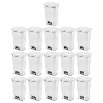 Sterilite 11.9 Gallon Rectangular Step On Kitchen Plastic Indoor Wastebasket with Wide Opening Lid and Comfort Handle for Home, White (16 Pack)
