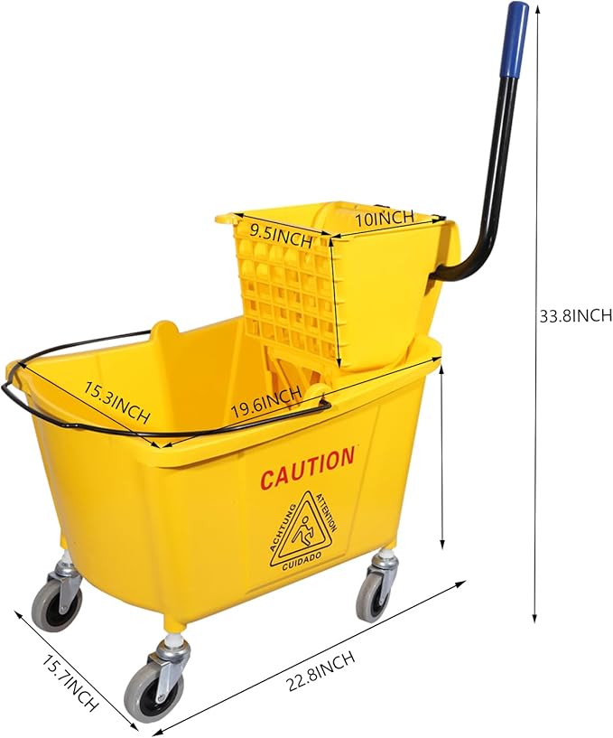 Midoneat Commercial Mop Bucket with Side Press Wringer on Wheels, Including One Commercial Mop, 35 Quart, Yellow