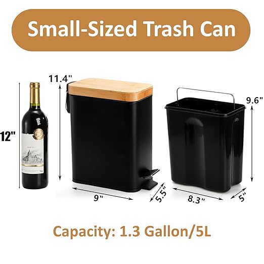 Peohud 1.3 Gallon Step Trash Can with Soft Close Lid, Bathroom Garbage Can with Removable Liner Bucket and Handle for Kitchen, Bedroom, Craft Room, Office, RV, Black