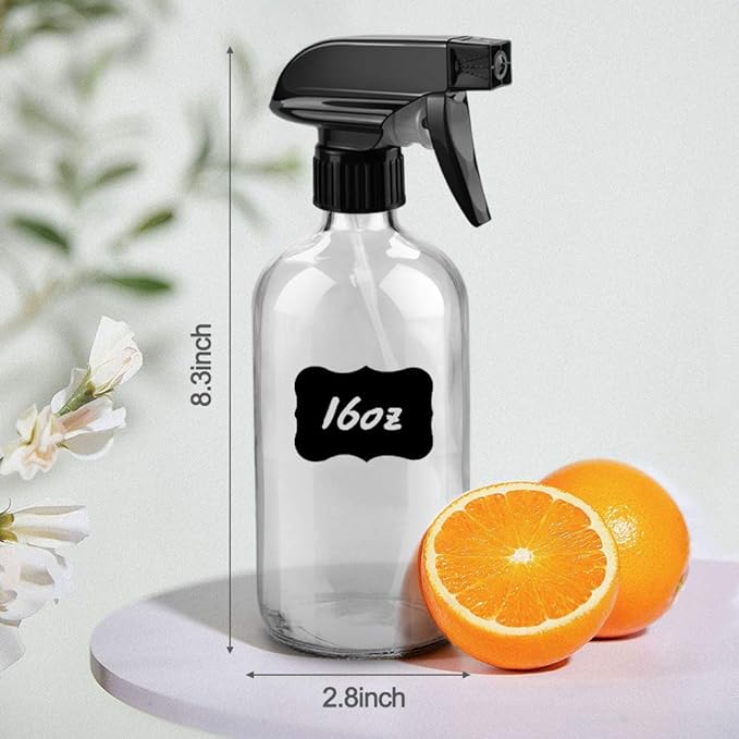 Worldgsb Glass Spray Bottles, 16oz Clear Glass Spray Bottles with Labels & Adjustable Nozzle, Reusable Containers for Cleaning Solutions, BBQ, Food, Plants, Alcohol, Essential Oils(2 Pack)