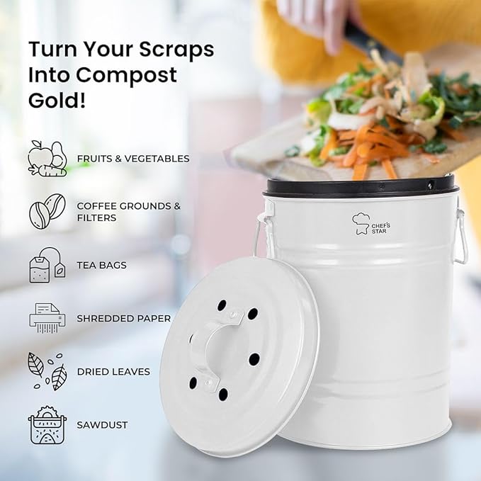Chef's Star Countertop Compost Bin, Indoor Compost Bin, Small Composter, White, 0.8 Gallon, Metal