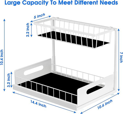 Under Sink Organizer, 2 Tier Pull-Out Cabinet Storage Shelf, Rust-Resistant Metal Organizer for Kitchen Bathroom Laundry Room, No Tools Installation, 1 Pack White