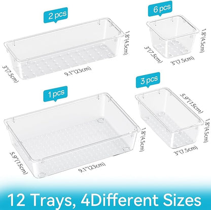 ElegantArray 12 PCS Drawer Organizer Set, 4 Sizes Tool Storage Trays, Clear Plastic Makeup Vanity Organizer and Storage Bins for Makeup, Stationeries, Multiple Gadgets for Bathroom, Office, Bedroom