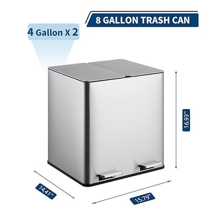 Garvee 2 x 4 gal Dual Compartment Trash Can for Kitchen - Stainless Steel Step Garbage Bin with Removable Buckets, Odor Control Filter & Soft-Close Lid | Recycling & Waste Separation Rubbish Bin
