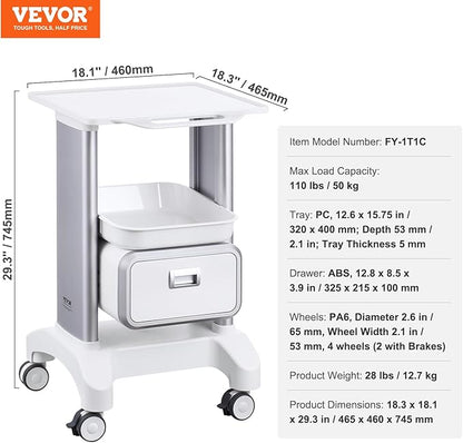 VEVOR Medical Trolley Storage Cart with Removable Drawer, Rolling Lab Tray Cart with Wheels for Ultrasound, Dental Clinic, Lab, Beauty Salon, Office
