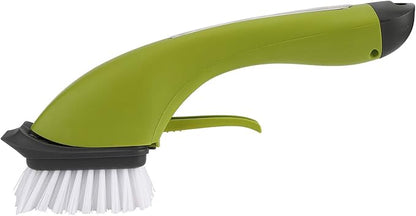 Zerodis Brushes Long Handle Scrub Brush Soap Dispening Tool Suitable for Sinks Countertops Grout Lines Pan Dish Washing Pot Brush with Pot (Green)