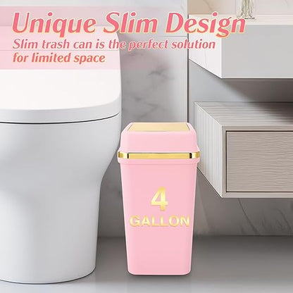 3 Pack Bathroom Trash Can with Lid 4 Gallon Small Trash Can with Swing Lid Bathroom Garbage Can with 150 Counts Trash Bags for Kitchen Bedroom Office(1 White 1 Pink)