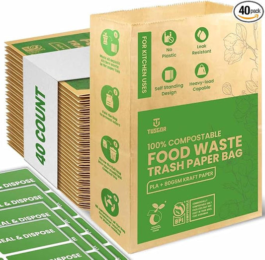 Kitchen Food Waste Bags – 40 bags – 100% Compostable Paper – Leak-resistant liner – Completely Plastic-free & Environmentally Friendly – Certified by BNQ & BPI - 40 Brown Paper Compostable Bags (40)