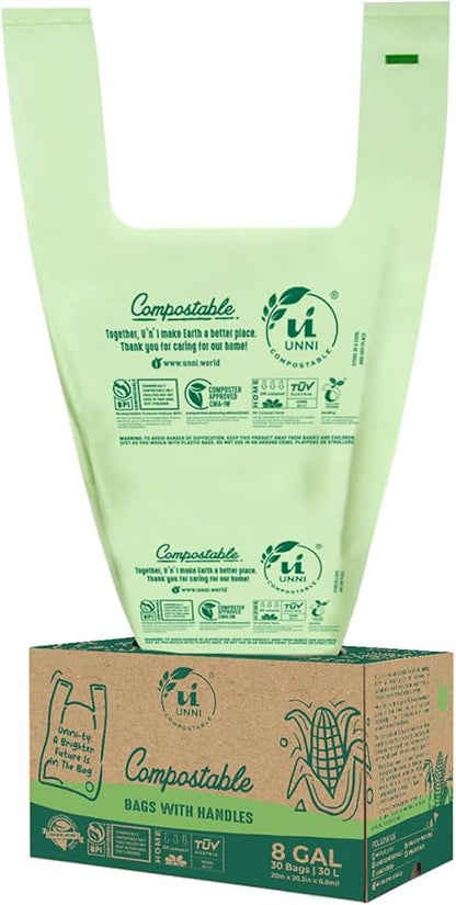UNNI 8 Gallon Compostable Trash Bags with Tie Handles, 60 Count Small Food Scrap Kitchen Compost Bags for Countertop Bin, Certified by BPI, CMA & OK compost HOME, Meets ASTM D6400