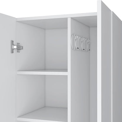 DEPOT E-SHOP Attica Broom Cabinet Double-Door Design with Inner Shelves and Side Hangers, White