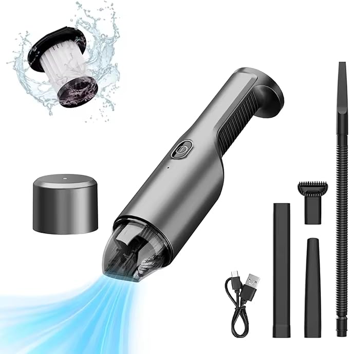 Portable Car Vacuum Cleaner, Portable Handheld Vacuum for Car Interior Cleaning, Wet & Dry Use, USB Rechargeable, with HEPA Filter & Accessories.