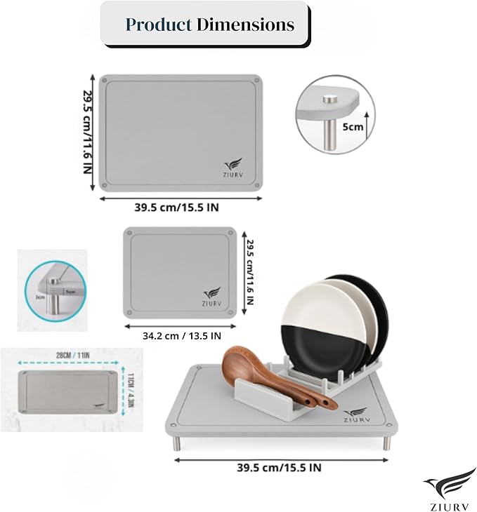 6 PCS Stone Drying Mat Set for Kitchen Counter, 2 Large Diatomaceous Earth Dish Drying Mats with Stainless Steel Legs, Dish Rack, Soap Dispenser Set with Tray, Quick Expandable System Dish Dryer Mat