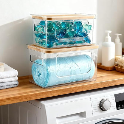 Trash Bag Dispenser Holder -Plastic Garbage Bag Pantry Organizer, Clear Large Laundry Pods Container with Lid, Stackable Under Sink Kitchen Laundry Room Organization and Storage