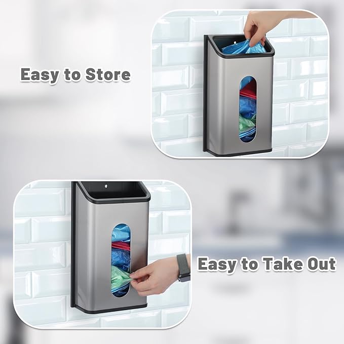 Sumnacon Grocery Bag Dispenser Wall Mount Stainless Steel Bag Dispenser for Plastic Bags Sturdy Grocery Bag Holder with Screws Adhesives Decorative Plastic Bag Holder for Kitchen Pantry Cabinet