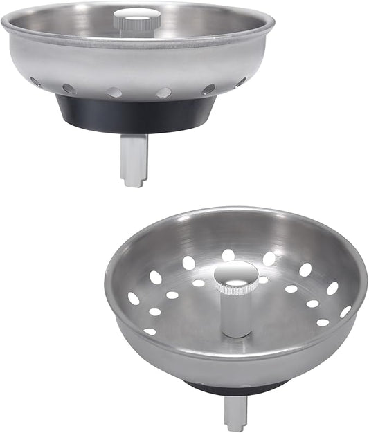 KONE 2PCS Kitchen Sink Basket Strainer Replacement for 3-1/2 Inch Standard Drains Brushed Stainless Steel Body Metal Center Knob with Rubber Stopper