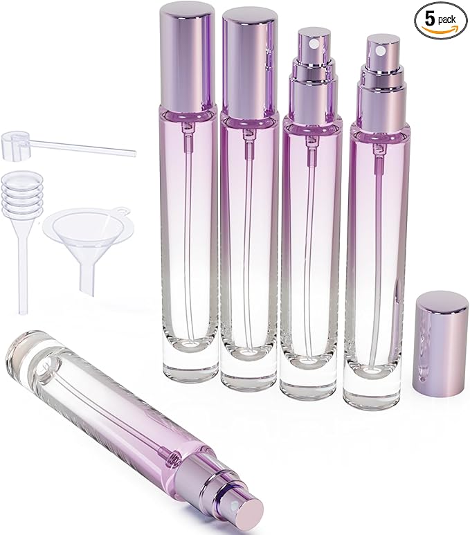 5Pcs 10ml Round Perfume Refillable Spray Bottles For Travel and Sample Container,Pocket Cologne Sprayer Bottle With Dispenser Tools (Gradient Purple)