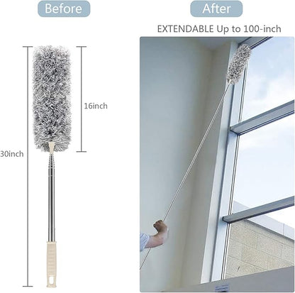 Microfiber Duster with Extension Pole(Stainless Steel) 30 to 100'', with Bendable Head, Extendable Long Duster for Cleaning Ceiling Fan, High Ceiling, Keyboard, Furniture Cars Gray