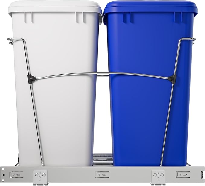 Rev-A-Shelf Double 35 Qt Pullout Trash Can for Base Kitchen Cabinets, Garbage Waste & Recycling Bin System with Lids & Full Extension Slides, Min Opening Width of 14.5", Blue/White, RV-18KD-11RC-S
