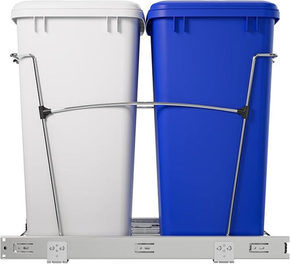 Rev-A-Shelf Double 35 Qt Pullout Trash Can for Base Kitchen Cabinets, Garbage Waste & Recycling Bin System with Lids & Full Extension Slides, Min Opening Width of 14.5", Blue/White, RV-18KD-11RC-S