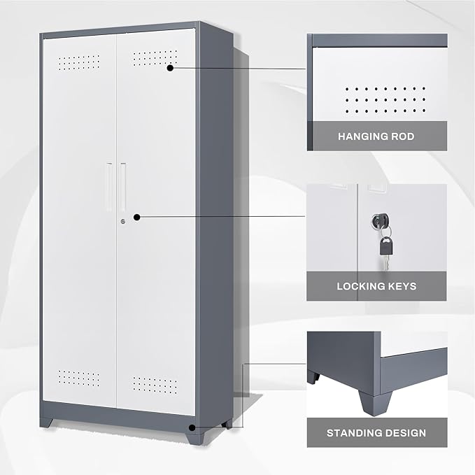 Storage Cabinets,Metal Lockable Storage Cabinet with Locking Doors,Tall Utility Cabinets for Garage,Laundry,Office,Grey&White