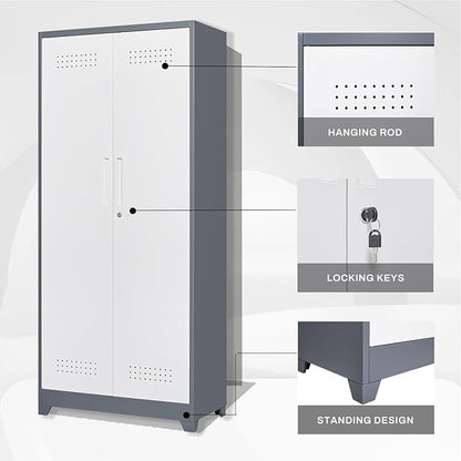 Storage Cabinets,Metal Lockable Storage Cabinet with Locking Doors,Tall Utility Cabinets for Garage,Laundry,Office,Grey&White