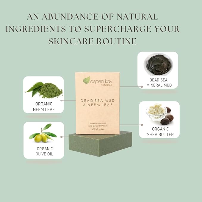 Aspen Kay Naturals Dead Sea Mud and Neem Soap - With Organic Shea Butter & Olive Oil. A Wonderful Neem Face Wash for all Skin Types. Handmade Soap - Made in USA. (6 pack)