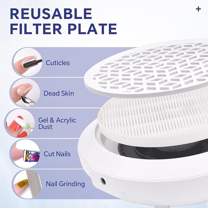 Nail Dust Collector 4500RPM Vacuum Fan Duster with Reusable Filter Compact Low Noise Powerful Vacuum Cleaner for Acrylic Gel Polished Nails, Nail Salon & Home Tool, White