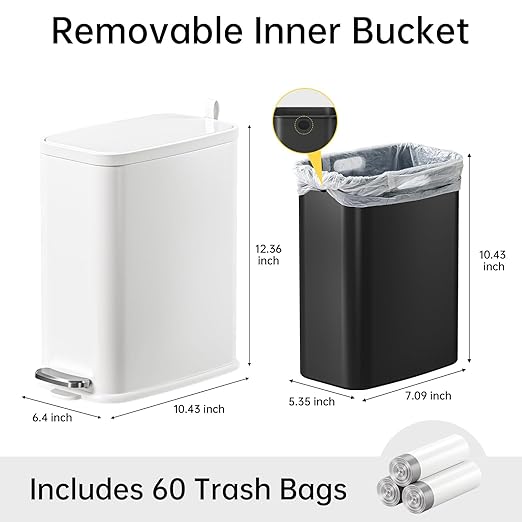 Small Bathroom Trash Can with Lid Soft Close, Step Pedal, 1.6 Gallon White Stainless Steel Garbage Can with Removable Inner Bucket, Includes 60 Trash Bags for Home Bedroom