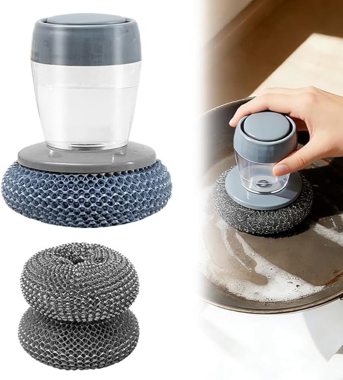 Comfort Grip Soap Dispensing Kitchen Scrub, 2026 New Dish Brush Soap Dispenser, Built-in Liquid Dispenser, with Replaceable Nylon/Wire Bristles (1PET Brush + 2 Accessories)