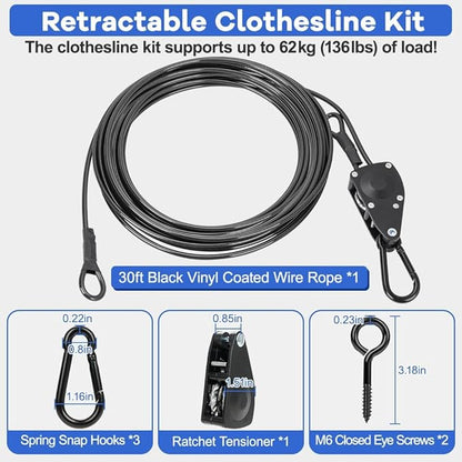 TooTaci 30ft Outdoor Clothesline Kit, 3/16" Black PVC Coated Wire Rope Portable Retractable Clothes Line Kit with Self-Locking Pulley, Screw Hook & Snap Hook for Camping, Backyard, RV, Travel