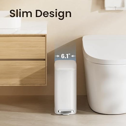Cesun Slim Bathroom Trash Can with Lid Soft Close, 6L/1.6 Gallon Stainless Steel Small Garbage Can with Foot Pedal and Removable Inner Bucket, Slim Wastebasket for Bathroom, Office, Toilet (White)