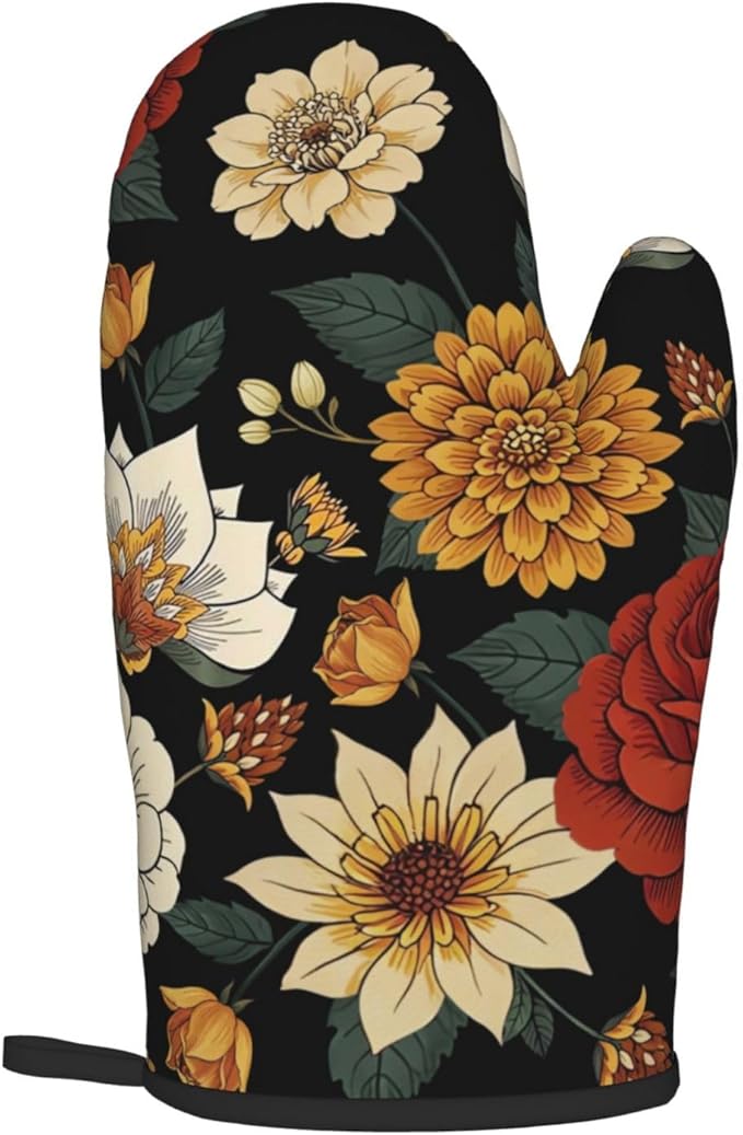 Boho Floral Oven Mitts and Pot Holders Sets of 2 Vintage Kitchen Mitts Bohemian Flower Hot Pads for Cooking Baking Grilling