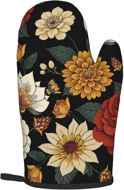 Boho Floral Oven Mitts and Pot Holders Sets of 2 Vintage Kitchen Mitts Bohemian Flower Hot Pads for Cooking Baking Grilling