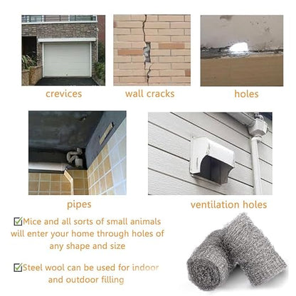 Bulk Steel Wool Roll Kit, Steel Wool 0000 15pcs, Gap Blocker, 0000 Steel Wool Keep Mice Away from Holes/Siding/Pipeline/Vents in Garden, House, 15 Pack × 1.6FT