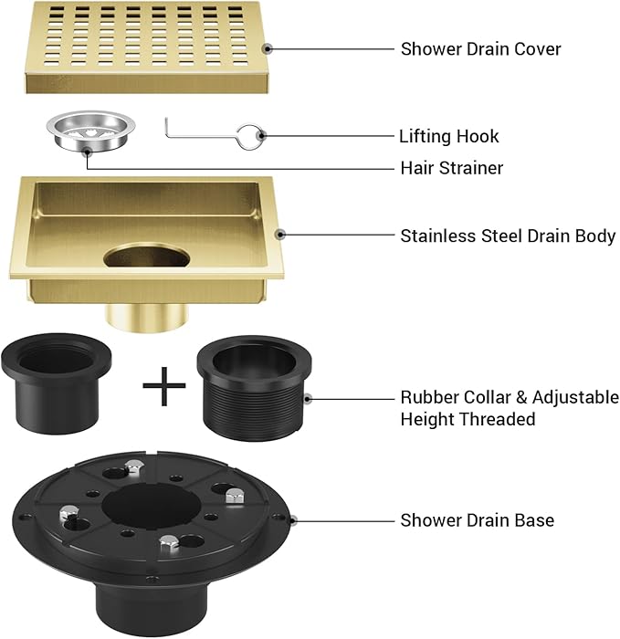 EXF Shower Drain 6 Inch Brushed Gold, Stainless Steel Square Shower Floor Drain Kit with ABS Flange, Removable Cover Grid Grate, Hair Strainer